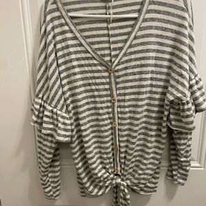 Women’s Striped Gray and White Button-Up Top (Maternity / Postpartum)